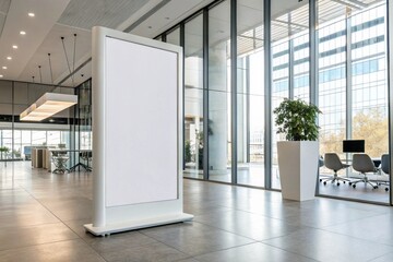 Corporate branding white blank frame mockup placed inside modern office workspace. Ideal for commercial identity, signage, poster design, promotion, or advertising business template presentations.