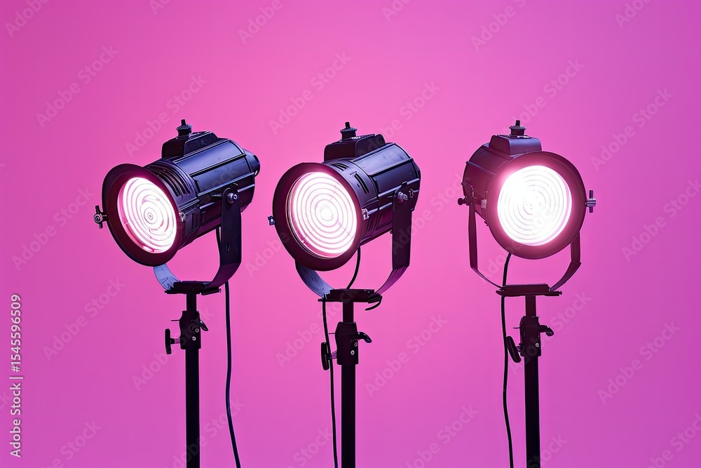 Fototapete High Resolution of a Set of Three Spotlights in Front of a Pink Background