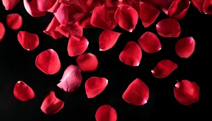 close up of red rose petals falling against a black background