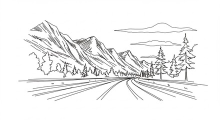 Fototapeta premium Road Trip Drawing Perspective View with Mountains and Evergreen Trees