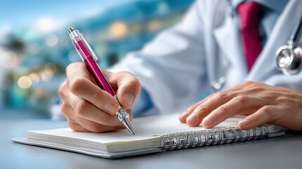 Medical professional writing notes in office healthcare environment close-up viewpoint focused documentation