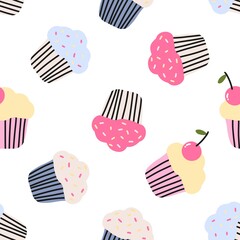 Cute cupcake pattern with pastel frosting, sprinkles, and cherries. Fun and playful dessert design, perfect for kids and sweet-themed projects.