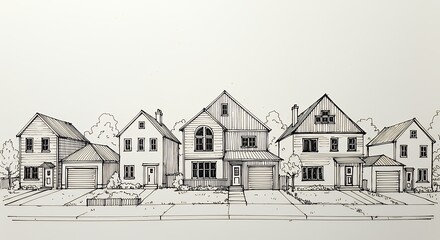 Row of houses in grayscale sketch