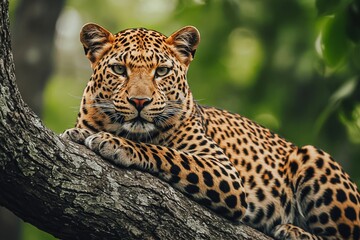 Fototapeta premium A majestic leopard rests high on a tree branch, its gaze calm yet intense, watching over the forest below. The image captures the elegance and strength of this elusive predator in its natural habitat,