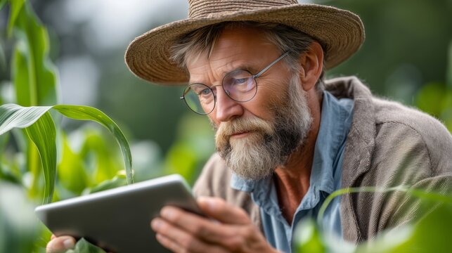 Agricultural innovation farmer using tablet in cornfield nature close-up modern technology sustainable practices