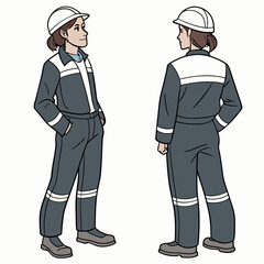 Female construction worker front and back view
