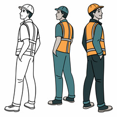 Three views of a construction worker in safety vest