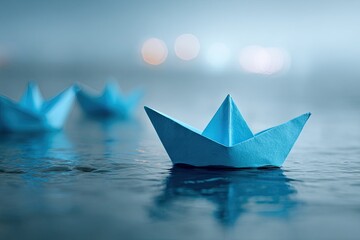 Obraz premium Three light-blue origami paper boats float on a dark, still, reflective water surface, blurred city lights in background