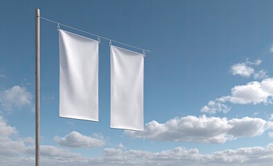 Two blank white banners hang from a pole against a bright blue sky with fluffy white clouds