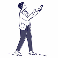 Walking man using smartphone clean cutout illustration