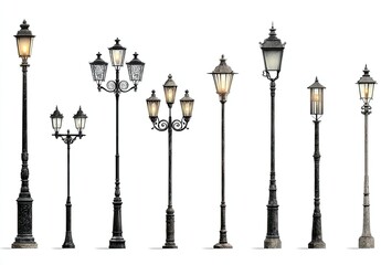 A collection of eight ornate, vintage-style lamp posts, varying in height and design, isolated on a white background, showcasing different numbers of lamps and decorative elements