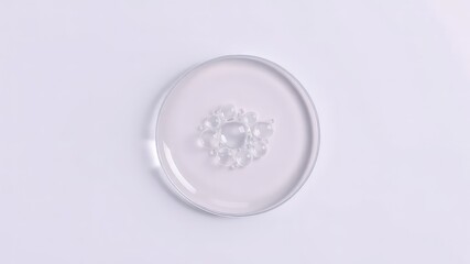 Clear Serum Fluid with Bubbles in a Glass Petri Dish, Representing Scientific Experimentation on a Neutral Background