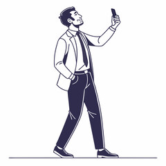 Professional businessman walking using smartphone on white background