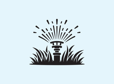 Silhouette of a modern lawn sprinkler head anchored on grass in pure black, stylized vector icon ideal for outdoor care and landscape irrigation themes