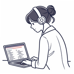 Woman working on laptop with headphones, clean cutout
