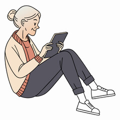 Senior woman sitting floor using tablet device
