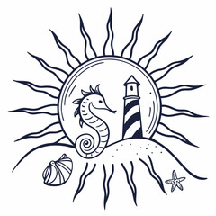 Seahorse lighthouse sun seashell starfish coastal illustration