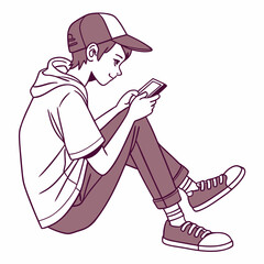 Teen boy sitting using smartphone device illustration
