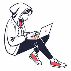 Young woman in hoodie using laptop computer