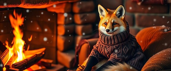 A fox in a knitted sweater sits by a cozy fireplace, snowflakes falling outside, art, winter