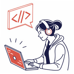 Woman coding on laptop with headphones transparent png