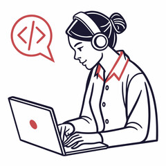Woman programmer coding on laptop with headphones