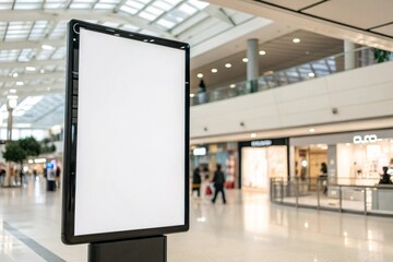 Blank white billboard mockup in modern shopping mall. Ideal for commercial promotions, advertisements, retail sales, offers, marketing design, and public signboard or banner display.