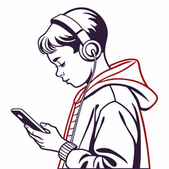 Boy listening music smartphone headphones hoodie