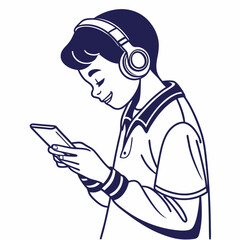 Boy listening music headphones smartphone smiling