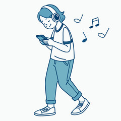 Person walking listening music headphones smartphone
