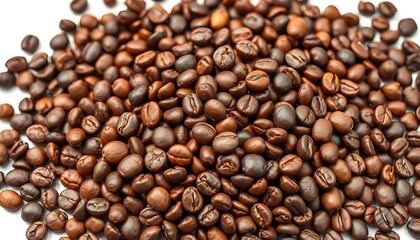 Obraz premium A rich pile of coffee beans, isolated on white, showcasing their texture and aroma, dark brown, aroma