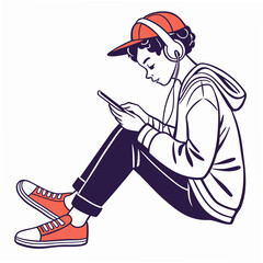 Teenager boy listening music smartphone transparent background