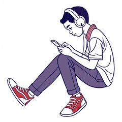 Teen boy listening music smartphone headphones