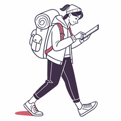 Young backpacker walking uses tablet navigation app