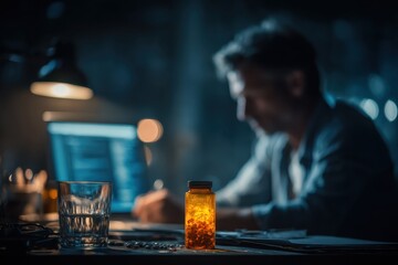 Mysterious Dark Ambient Scene of a Man at a Desk with a Pill Bottle and Computer in Focus