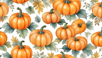 Obraz premium Watercolor autumn leaves and pumpkins seamless texture. Fall forest vibe