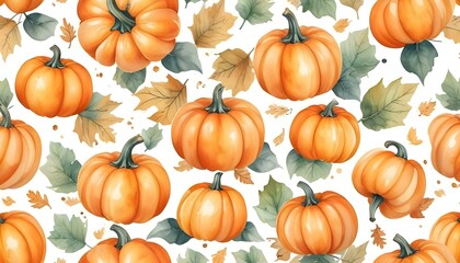 Fall harvest background watercolor pumpkins, autumn leaves texture