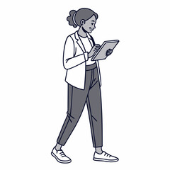 Walking woman using tablet, clean cutout, transparent background