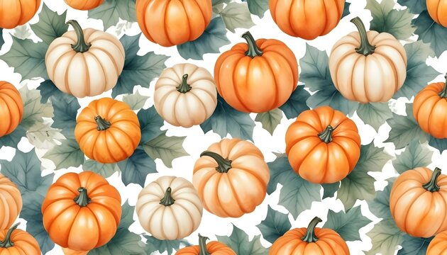 Cozy september pattern watercolor pumpkins and leaves. Autumn theme