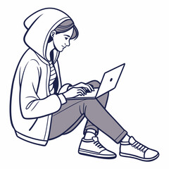 Young woman in hoodie using laptop computer