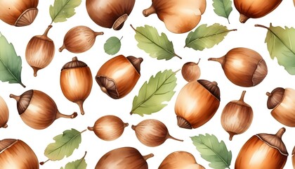 Autumn watercolor pattern. Fall leaves and acorns create a seamless texture, suggesting a cozy September harvest in a golden hour light