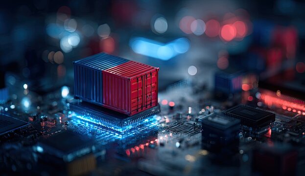 A miniature shipping container rests atop a glowing circuit board, symbolizing digital logistics and global trade within a futuristic technological landscape