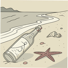 Message in a bottle beach scene illustration
