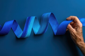 Hand Holding Blue Ribbon on Flat Surface with Deep Blue Background for Awareness Campaign