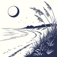 Serene coastal scene moonlit beach grass