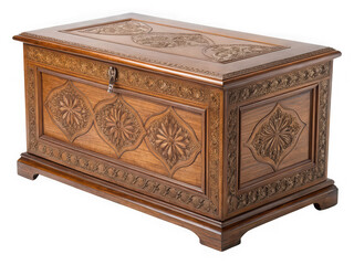 Intricate Carved Wooden Chest, Antique Style, Brown Wood, Floral Design, Decorative Storage Box