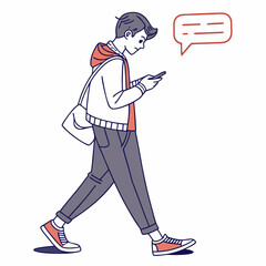 Young man walking using smartphone texting message