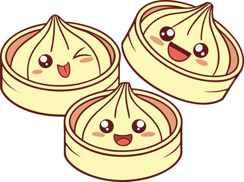 Three cute cartoon bao buns in steamers.