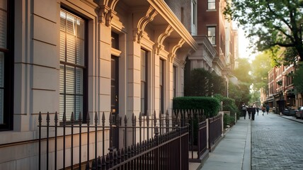 Fototapeta premium Charming Brownstone Street in Historic Neighborhood: Classic Architecture and Urban Scene with Trees and Sidewalk