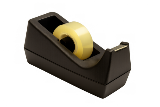 Black tape dispenser holding transparent adhesive tape roll, photographed in studio setting with clear background